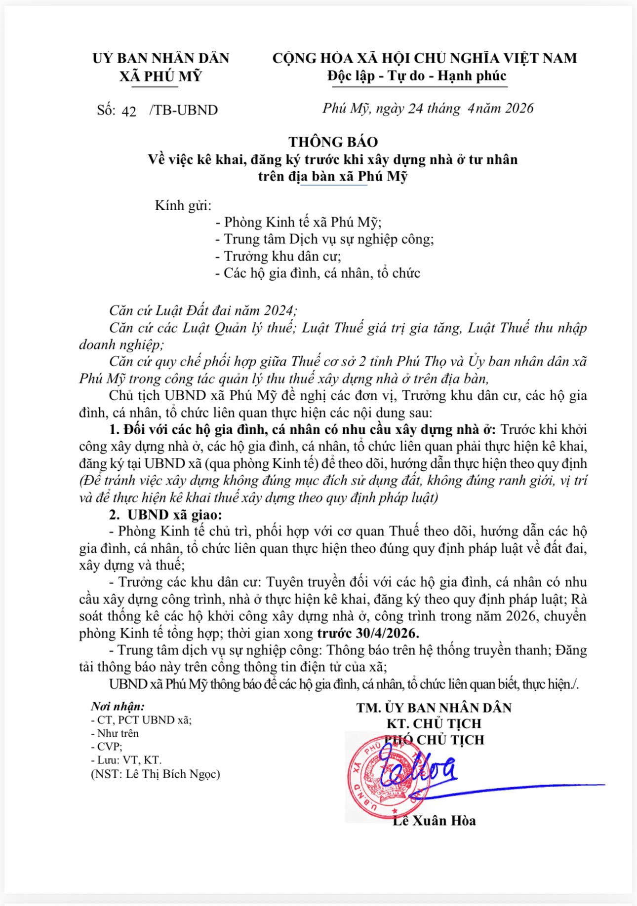 Thông báo về việc kê khai, đăng ký trước khi xây dựng nhà ở tư nhân trên địa bàn xã Phú Mỹ